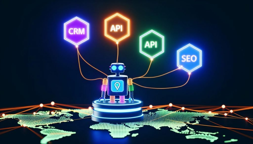 Stilvoller Roboter mit Datenkabeln steuert Kontrollpult vor weltweit vernetztem API-System mit neonfarbenen Icons für CRM, Analytics, Content und SEO.