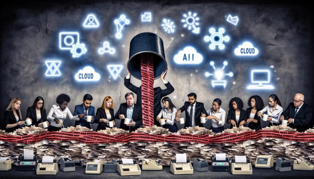 Illustration von Unternehmern, die versuchen, digitale Innovation durch einen bürokratischen Papierfilter zu gießen, während Symbole für KI, Cloud und Blockchain durch Berge von Papier und alte Bürogeräte blockiert werden.