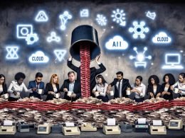 Illustration von Unternehmern, die versuchen, digitale Innovation durch einen bürokratischen Papierfilter zu gießen, während Symbole für KI, Cloud und Blockchain durch Berge von Papier und alte Bürogeräte blockiert werden.