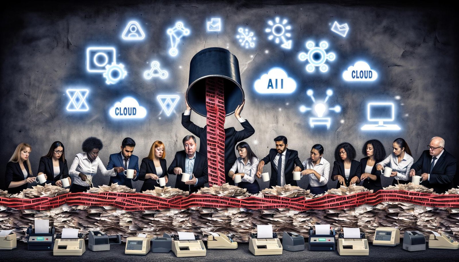 Illustration von Unternehmern, die versuchen, digitale Innovation durch einen bürokratischen Papierfilter zu gießen, während Symbole für KI, Cloud und Blockchain durch Berge von Papier und alte Bürogeräte blockiert werden.
