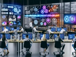 Futuristisches Büro mit Data Scientists und Marketing-Profis, die an Laptops arbeiten. Monitore zeigen bunte Dashboards, Data-Flows und KPI-Analysen, Whiteboards präsentieren mathematische Formeln und moderne Technologien visualisieren Datenströme.