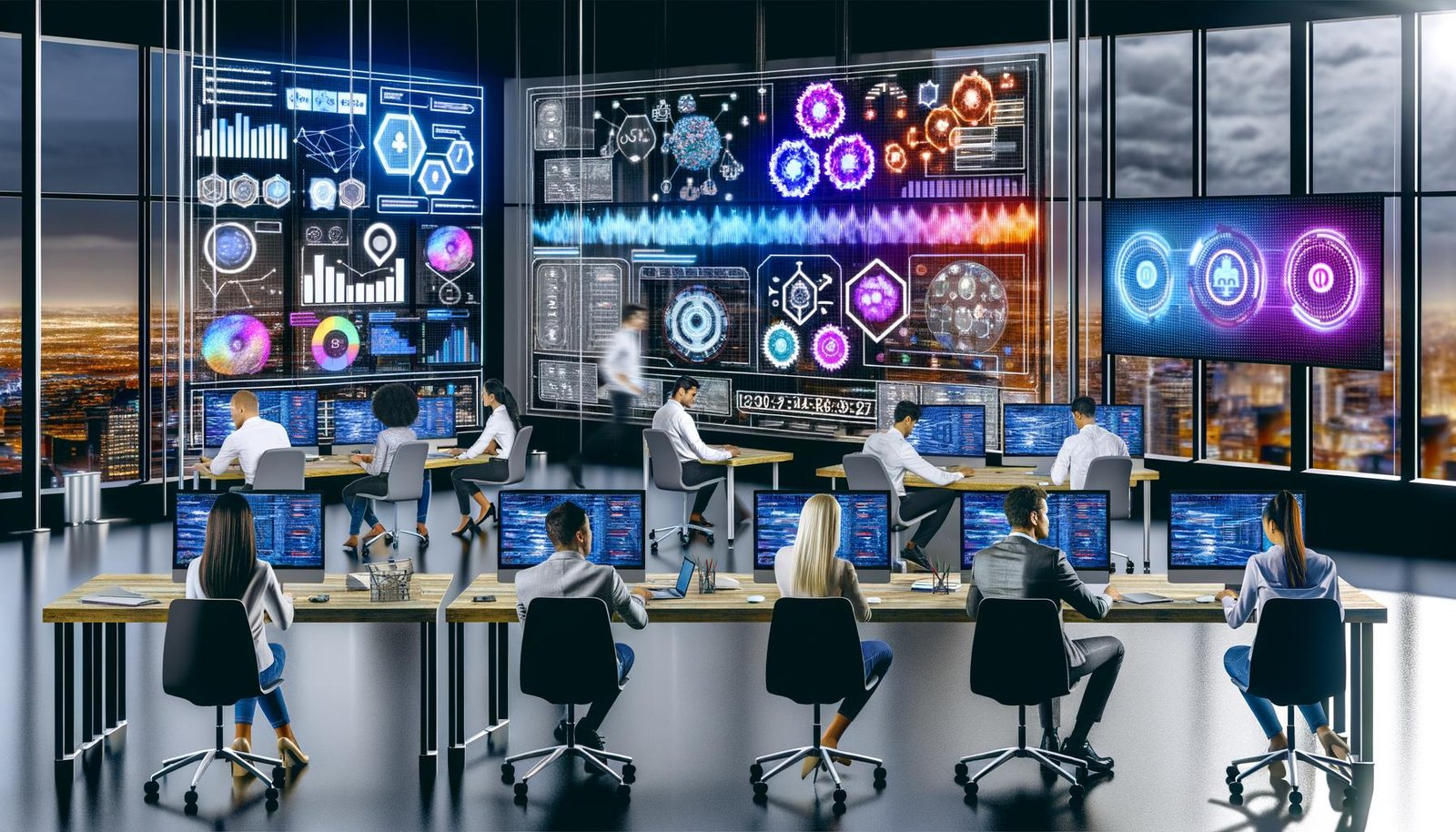 Futuristisches Büro mit Data Scientists und Marketing-Profis, die an Laptops arbeiten. Monitore zeigen bunte Dashboards, Data-Flows und KPI-Analysen, Whiteboards präsentieren mathematische Formeln und moderne Technologien visualisieren Datenströme.