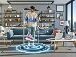 Futuristisches Wohnzimmer mit Augmented-Reality-Sneaker, eingeblendetem PayPal-Bezahlbutton und moderner technischer Einrichtung.