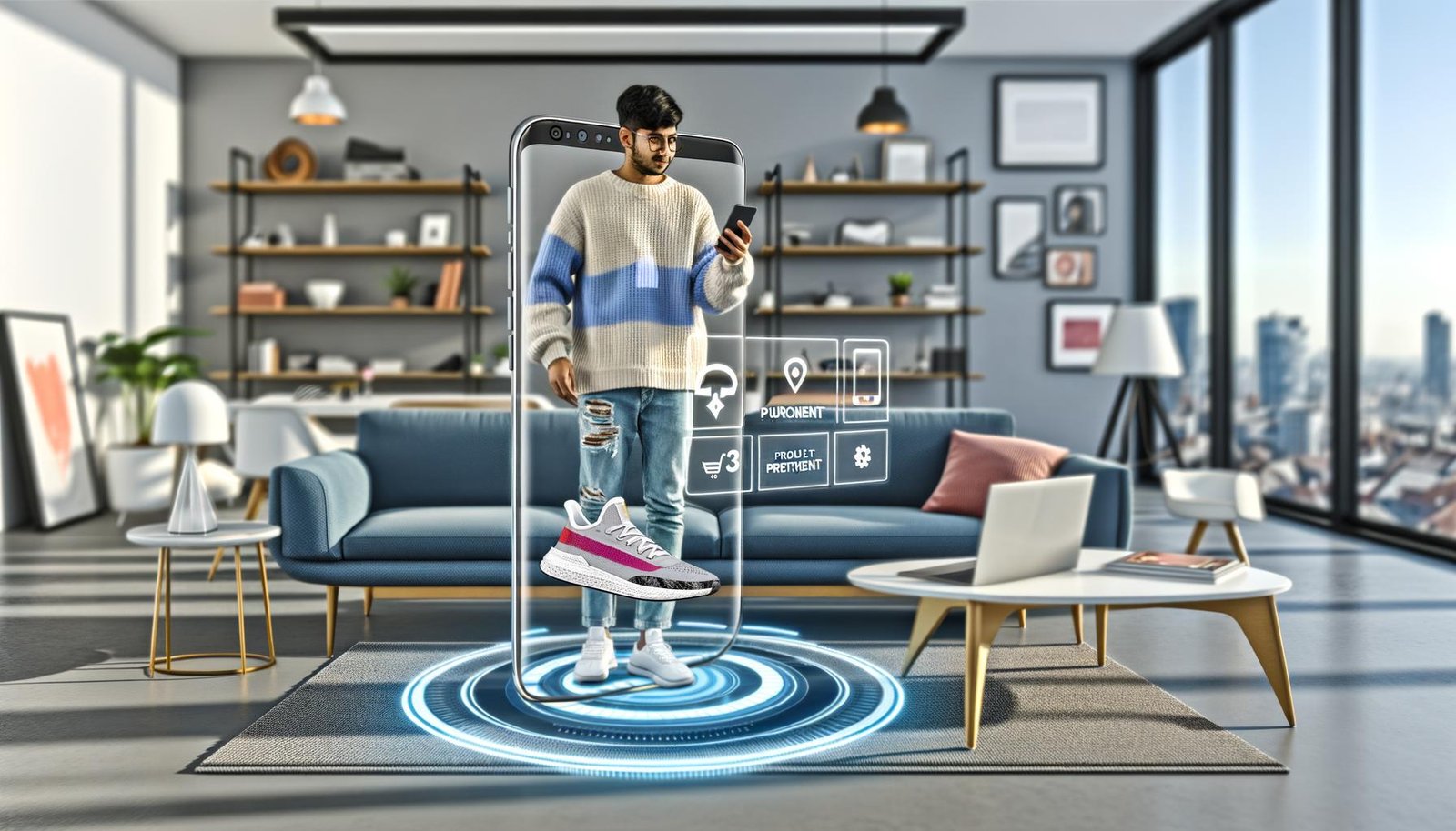 Futuristisches Wohnzimmer mit Augmented-Reality-Sneaker, eingeblendetem PayPal-Bezahlbutton und moderner technischer Einrichtung.
