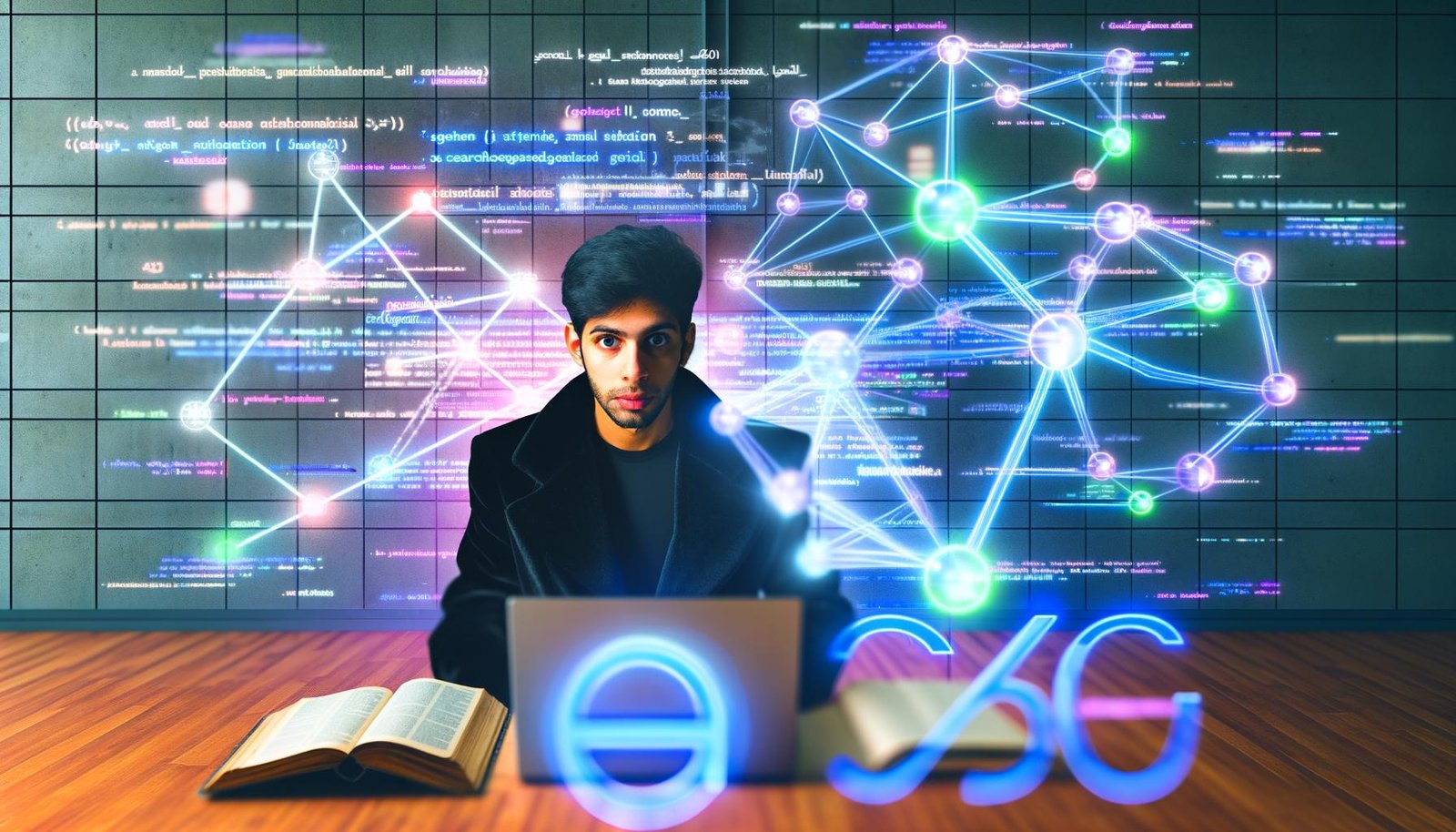 Junger SEO-Experte im futuristischen Büro vor leuchtendem Wissensnetzwerk und holografischen Google-Suchergebnissen; überholte Keyword-Listen im Hintergrund.