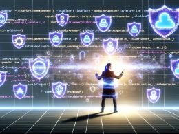 Futuristische Illustration eines Tech-Marketers als Dirigent vor einer Lichtwand aus verbundenen APIs und Cloudflare-Worker-Skripten mit Sicherheitssymbolen und Performance-Diagrammen.