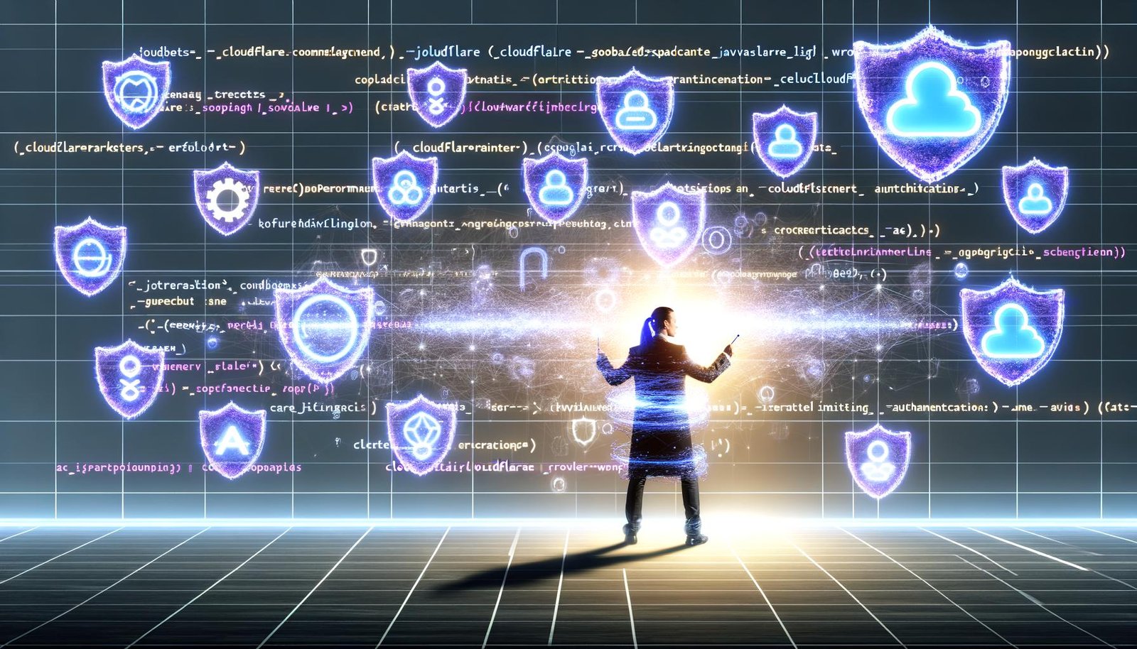 Futuristische Illustration eines Tech-Marketers als Dirigent vor einer Lichtwand aus verbundenen APIs und Cloudflare-Worker-Skripten mit Sicherheitssymbolen und Performance-Diagrammen.