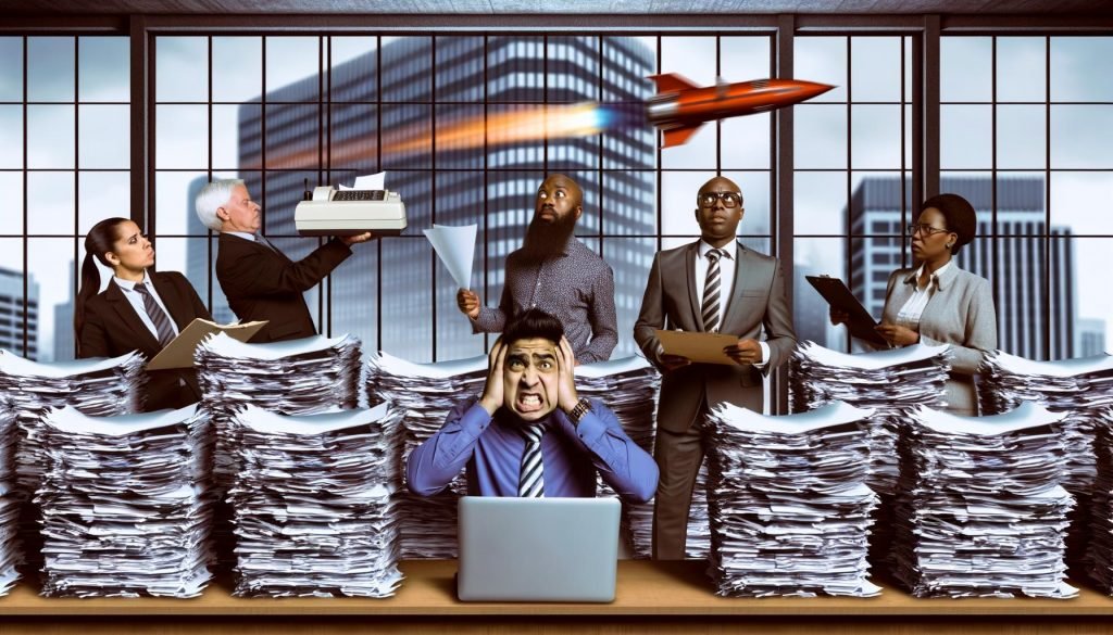 Überzeichnete Illustration eines frustrierten Tech-Gründers mit Laptop, umgeben von Aktenbergen und Bürokraten im grauen deutschen Rathaus, während bunte Start-ups draußen vorbeifliegen.