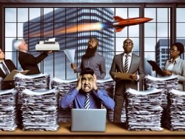 Überzeichnete Illustration eines frustrierten Tech-Gründers mit Laptop, umgeben von Aktenbergen und Bürokraten im grauen deutschen Rathaus, während bunte Start-ups draußen vorbeifliegen.