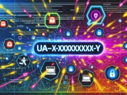 Futuristisches Titelbild mit schwebender Analytics ID, farbigen Datenlinien, Diagrammen und Geräten, ergänzt durch Datenschutz- und Analytics-Icons auf modernem, digitalem Hintergrund.