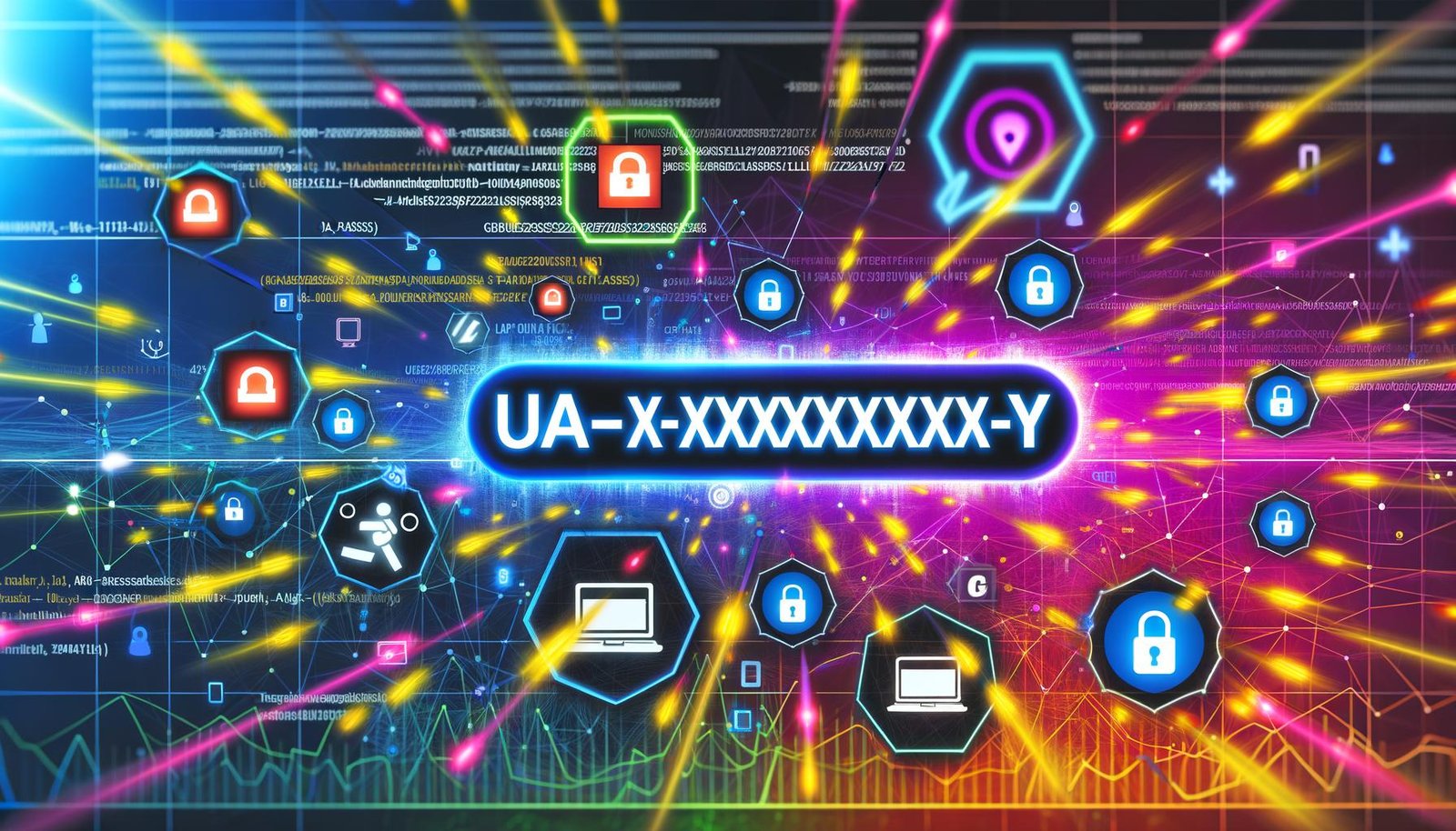 Futuristisches Titelbild mit schwebender Analytics ID, farbigen Datenlinien, Diagrammen und Geräten, ergänzt durch Datenschutz- und Analytics-Icons auf modernem, digitalem Hintergrund.