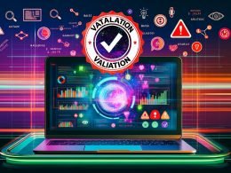 Dynamisches Titelbild mit Laptop, Data-Science-Dashboard, VALIDATION-Siegel, Zahlen, Algorithmen und Warnsymbolen vor einem dunklen Neon-Hintergrund.