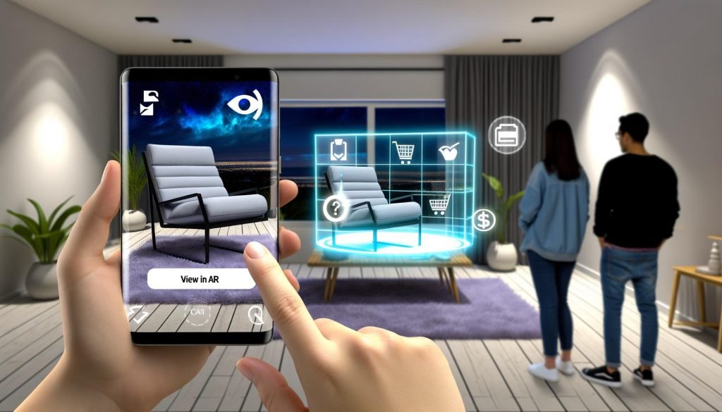 Junges Paar hält Smartphone und sieht einen stylischen Sessel als 3D-Hologramm im modernen Wohnzimmer mit PayPal-, AR- und Warenkorb-Interface.