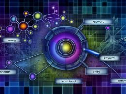 Abstrakte Illustration eines leuchtenden Knowledge Graphs mit vernetzten Knotenpunkten, auf denen Begriffe wie Elon Musk und Tesla Model S stehen. Im Hintergrund Datenströme, Suchmaschinen-Bots und der visuelle Kontrast zwischen klassischen Keywords und farbigen Entitätskreisen.