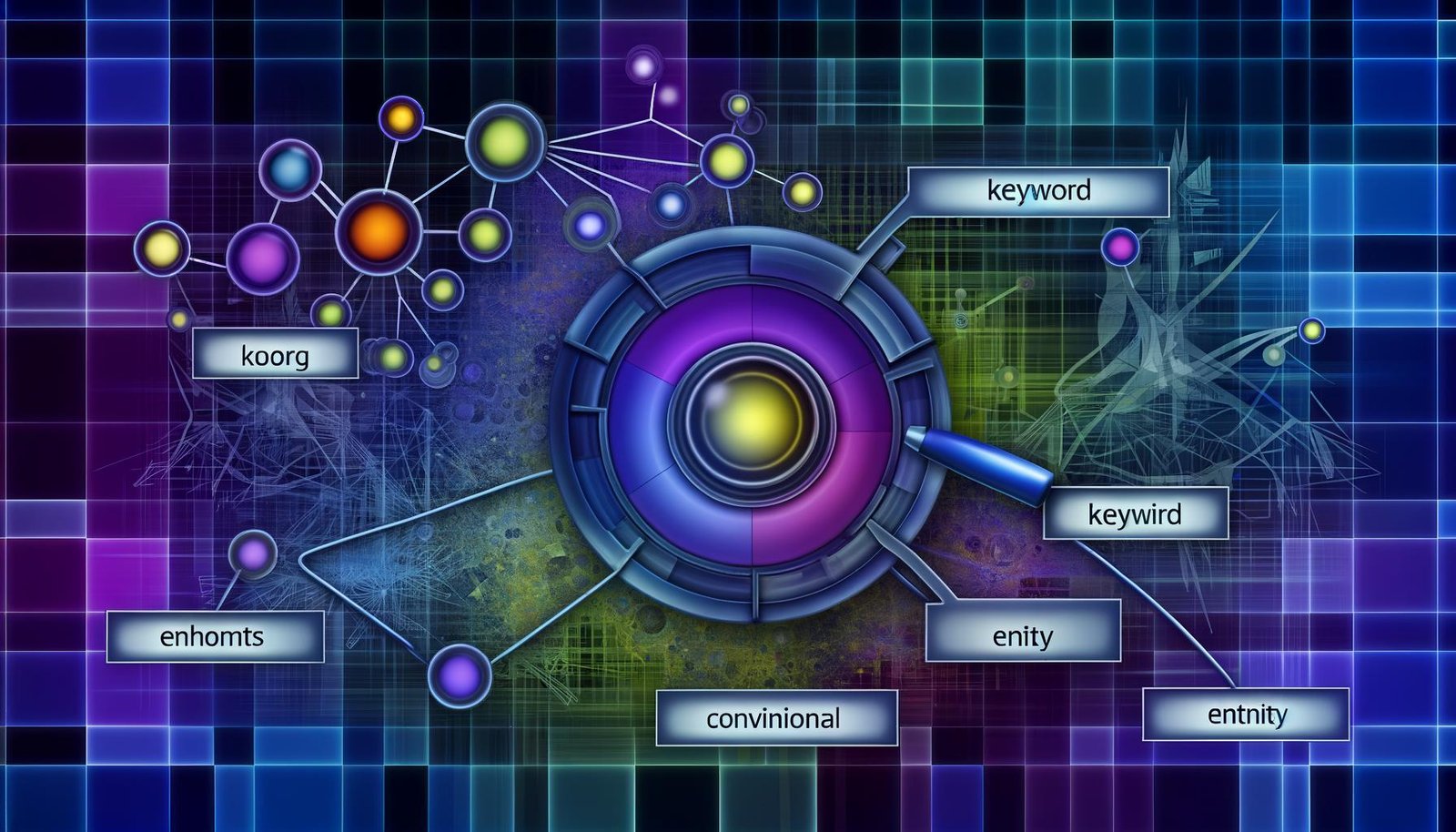 Abstrakte Illustration eines leuchtenden Knowledge Graphs mit vernetzten Knotenpunkten, auf denen Begriffe wie Elon Musk und Tesla Model S stehen. Im Hintergrund Datenströme, Suchmaschinen-Bots und der visuelle Kontrast zwischen klassischen Keywords und farbigen Entitätskreisen.