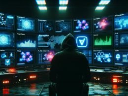 Cyberpunk-Illustration eines Social-Media-Kontrollzentrums mit Person im Hoodie vor leuchtenden Monitoren, zahlreichen Kabeln und schwebenden Social-Media-Hologrammen wie Instagram, TikTok und LinkedIn.