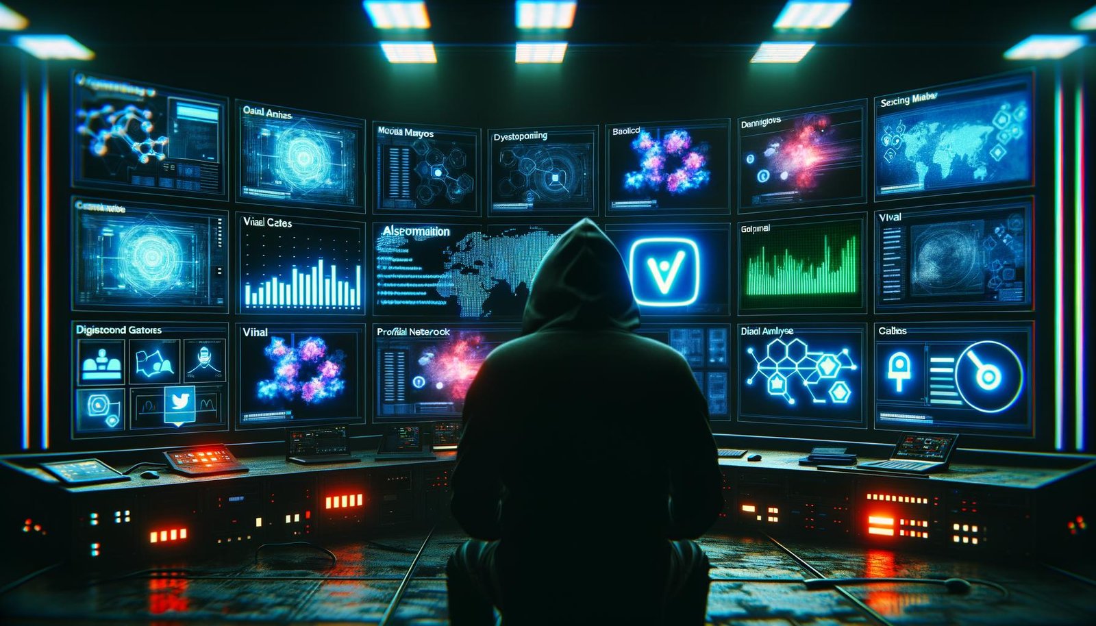 Cyberpunk-Illustration eines Social-Media-Kontrollzentrums mit Person im Hoodie vor leuchtenden Monitoren, zahlreichen Kabeln und schwebenden Social-Media-Hologrammen wie Instagram, TikTok und LinkedIn.