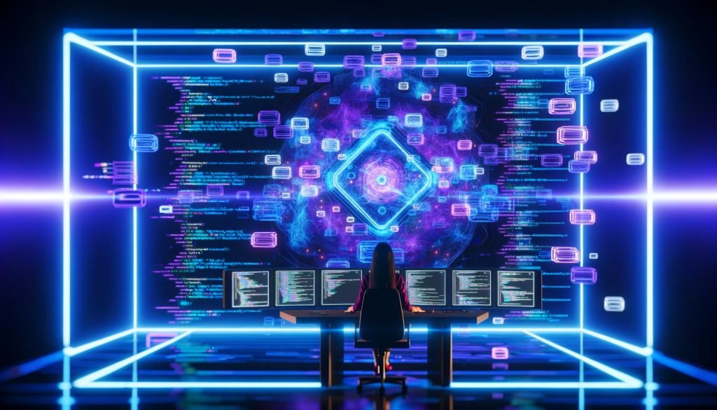 Futuristisches Kommandozentrum mit Entwickler, Neon-Beleuchtung, APIs, Queues, Cron-Trigger-Icons und fließenden Datenströmen.