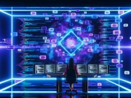 Futuristisches Kommandozentrum mit Entwickler, Neon-Beleuchtung, APIs, Queues, Cron-Trigger-Icons und fließenden Datenströmen.