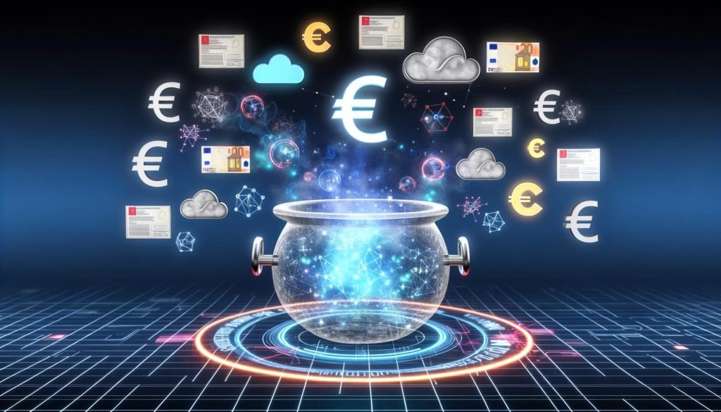 Stilisierte Illustration eines Fördertopfs mit digitalen Datenströmen, Euro-Zeichen, Kafka-Logos, Serverracks, Cloud-Symbolen und Elementen der Bürokratie im modernen Technik-Look.