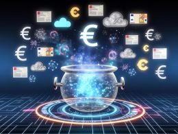 Stilisierte Illustration eines Fördertopfs mit digitalen Datenströmen, Euro-Zeichen, Kafka-Logos, Serverracks, Cloud-Symbolen und Elementen der Bürokratie im modernen Technik-Look.