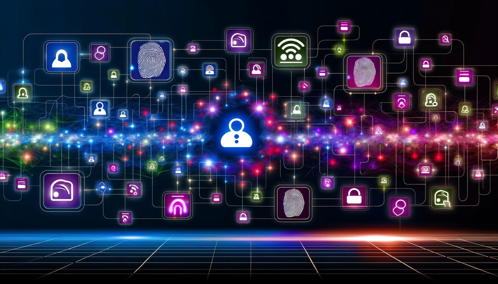 Illustration eines riesigen, transparenten Netzwerks aus ID-Knotenpunkten mit sichtbaren Plattform-Logos wie Google Analytics, Facebook Pixel, CRM und CDP. Bunte Datenlinien fließen in eine zentrale Datenwolke, Geräte im Hintergrund. Symbole für Consent und Datenschutz sichtbar.