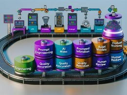 Grafik einer modernen, automatisierten Content-Pipeline: bunte Rohdaten werden über technisierte Module zu fertigen Content-Stücken verarbeitet, die in digitale Kanäle ausgespielt werden.