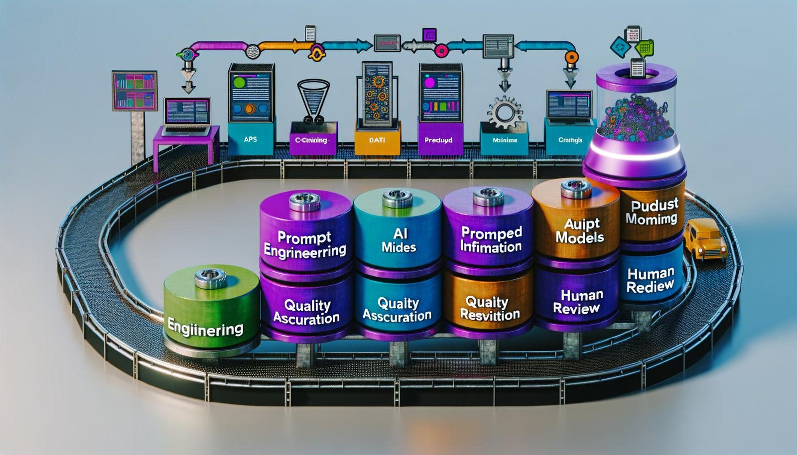 Grafik einer modernen, automatisierten Content-Pipeline: bunte Rohdaten werden über technisierte Module zu fertigen Content-Stücken verarbeitet, die in digitale Kanäle ausgespielt werden.