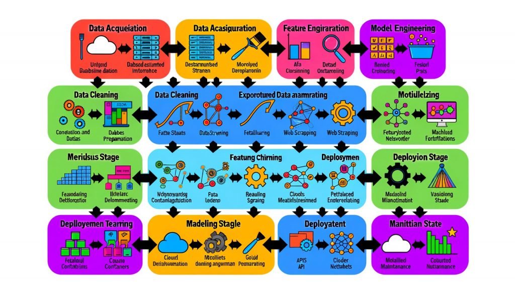 Stilisiertes Flussdiagramm des gesamten Data Science Workflows mit farbig gekennzeichneten Phasen: Datenakquise, Datenvorbereitung, explorative Analyse, Feature Engineering, Modellierung, Validierung, Deployment und Monitoring.