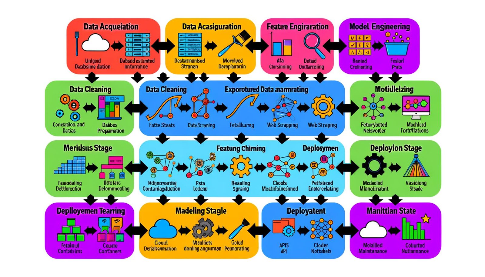 Stilisiertes Flussdiagramm des gesamten Data Science Workflows mit farbig gekennzeichneten Phasen: Datenakquise, Datenvorbereitung, explorative Analyse, Feature Engineering, Modellierung, Validierung, Deployment und Monitoring.
