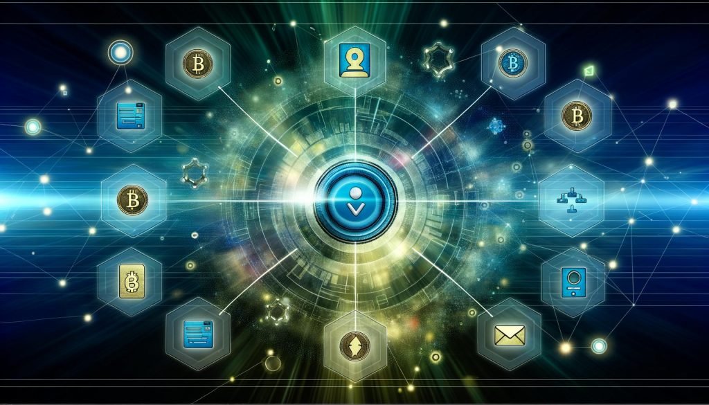 Illustration eines modernen E-Commerce-Dashboards mit PayPal-Button, Blockchain-Elementen, NFTs und digitalen Karten vor abstraktem Netzwerk-Hintergrund.