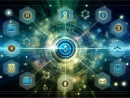 Illustration eines modernen E-Commerce-Dashboards mit PayPal-Button, Blockchain-Elementen, NFTs und digitalen Karten vor abstraktem Netzwerk-Hintergrund.