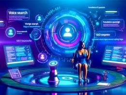 Futuristischer Arbeitsplatz mit Sprachassistenten-Icons, junger Frau mit Smartphone am smarten Lautsprecher, umgeben von Bildschirmen mit deutschen SEO-Daten und Keywords wie Voice Search.