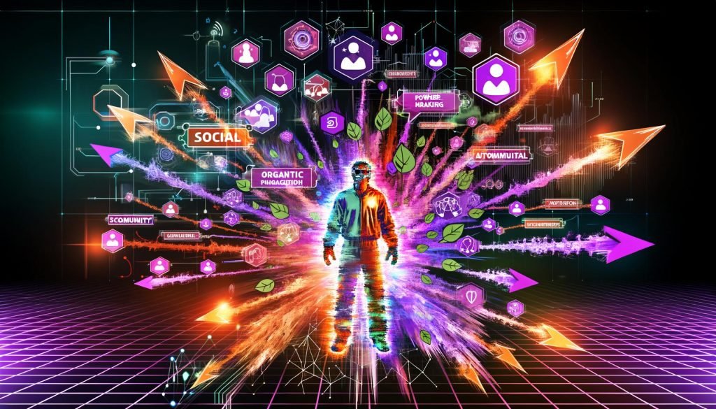 Illustration eines Social-Media-Architekten, umgeben von leuchtenden Datenströmen, Social-Media-Icons, Analytics-Dashboards und KI-Avataren mit futuristischer Neon-Optik.