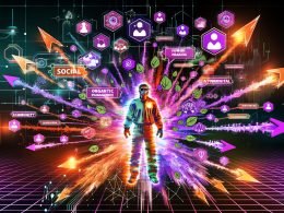 Illustration eines Social-Media-Architekten, umgeben von leuchtenden Datenströmen, Social-Media-Icons, Analytics-Dashboards und KI-Avataren mit futuristischer Neon-Optik.