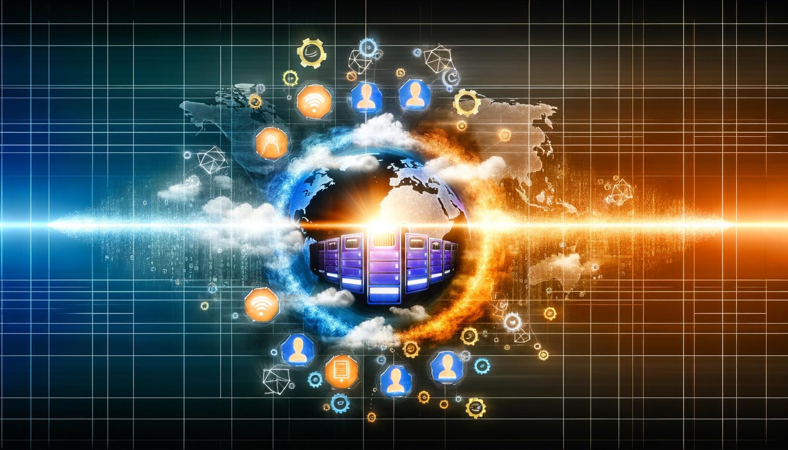 Futuristische Grafik einer leuchtenden Server-Edge-Karte, die mit Cloudflare-Worker-Symbolen und Datenlinien die Welt umspannt. Im Vordergrund ein heller Strahl, der klassische Server und Load Balancer in den Schatten stellt, umgeben von Rankings und SEO-Wachstumssymbolen.