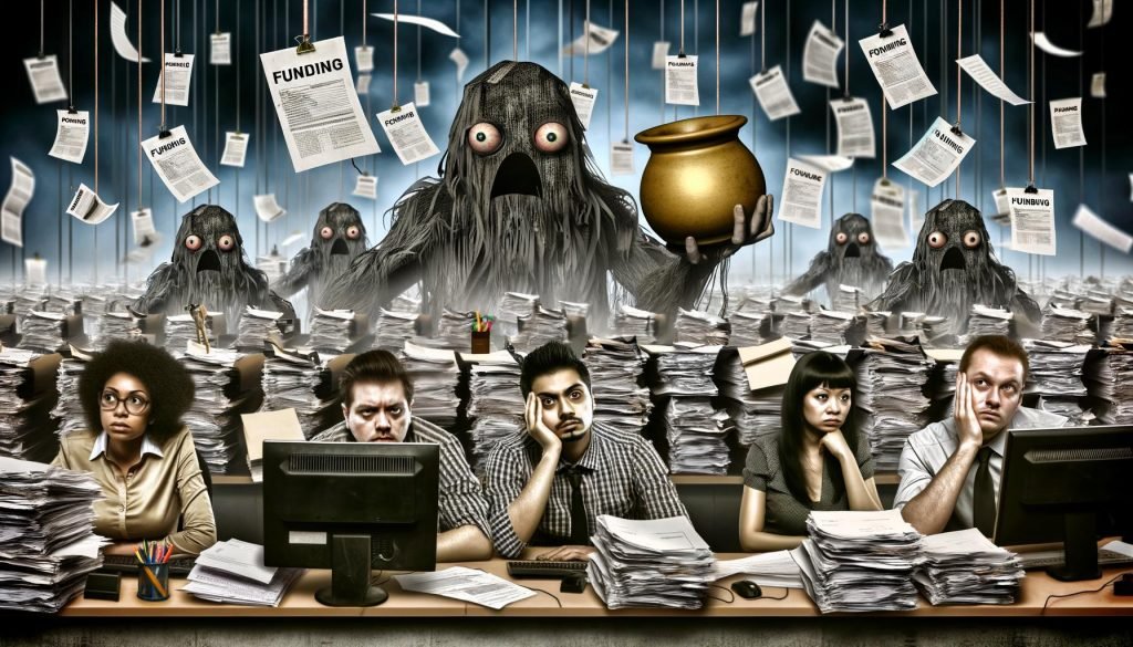 Düster-surrealer Arbeitsplatz mit überarbeiteten Angestellten, umbeben von riesigen Aktenstapeln, Bürokratiemonstern mit Aktenköpfen und Paragraphen-Händen, flackerndem Computer und einem fernen, leuchtenden Fördertopf.