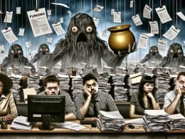 Düster-surrealer Arbeitsplatz mit überarbeiteten Angestellten, umbeben von riesigen Aktenstapeln, Bürokratiemonstern mit Aktenköpfen und Paragraphen-Händen, flackerndem Computer und einem fernen, leuchtenden Fördertopf.