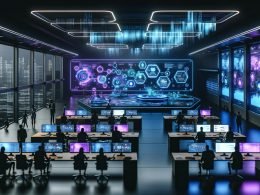 Futuristisches Marketingbüro bei Nacht mit Neonlicht, Marketer analysieren holografische Daten und Diagramme, zentrale digitale Anzeige mit prädiktiven Analysen.