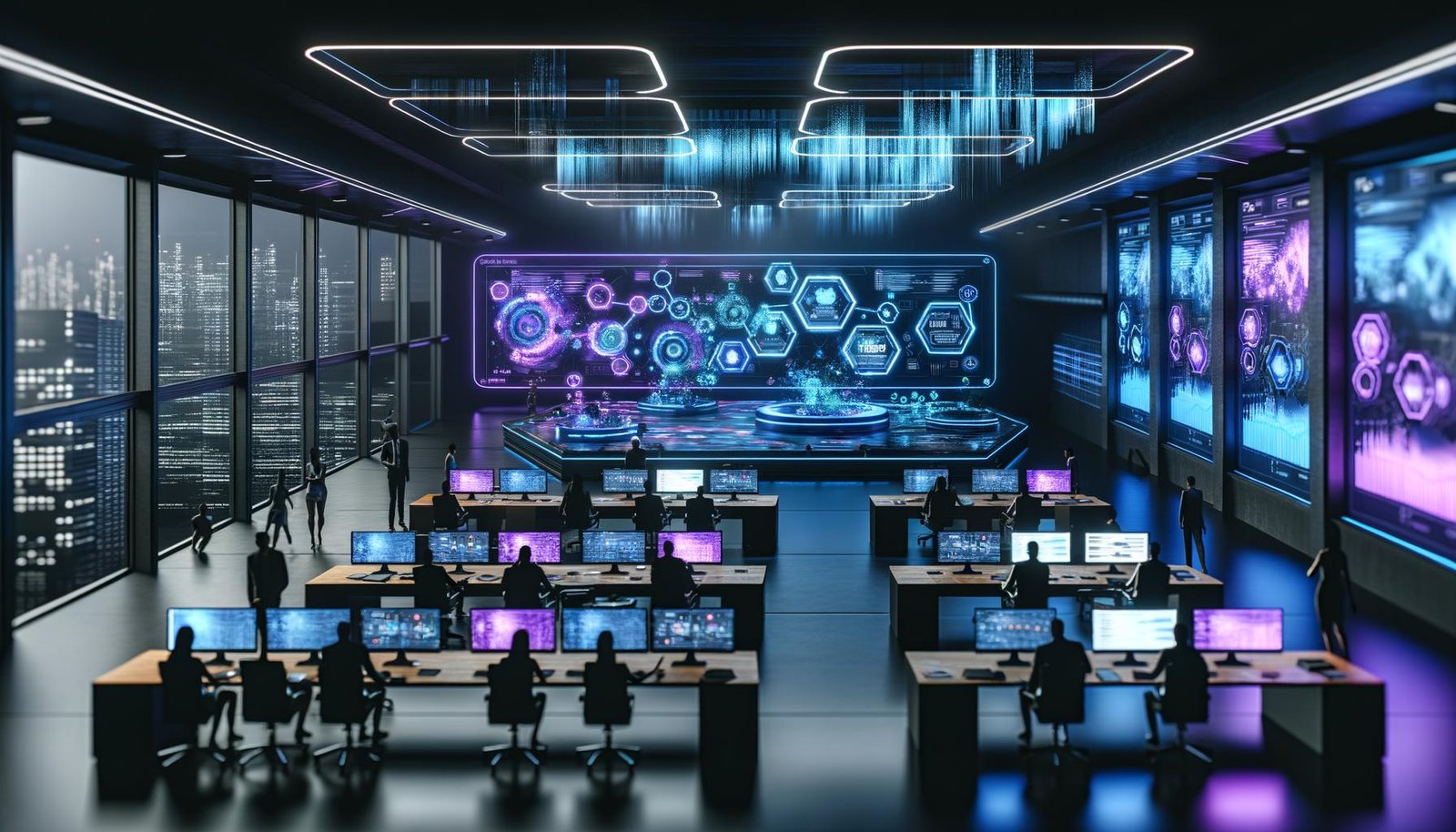 Futuristisches Marketingbüro bei Nacht mit Neonlicht, Marketer analysieren holografische Daten und Diagramme, zentrale digitale Anzeige mit prädiktiven Analysen.