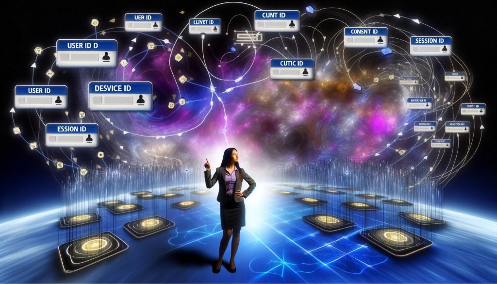 Digitale Marketerin vor dynamischen Daten-Diagrammen mit hervorgehobenen IDs und Consent-Icons, Third-Party-Cookies verblassen im Hintergrund