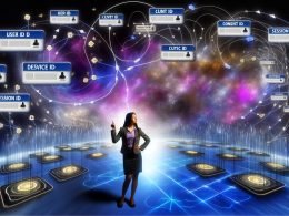 Digitale Marketerin vor dynamischen Daten-Diagrammen mit hervorgehobenen IDs und Consent-Icons, Third-Party-Cookies verblassen im Hintergrund