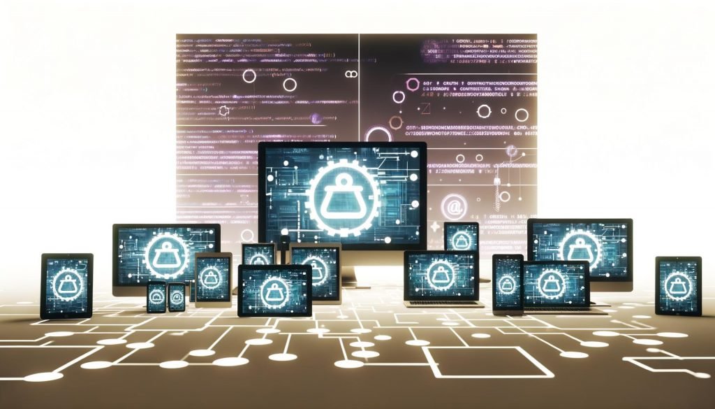 Modernes, stilisiertes Arbeitsumfeld mit digitalen Geräten, die PayPal, Automatisierungstools, Datenbanken und E-Mail-Clients anzeigen und effiziente Workflow-Prozesse veranschaulichen.