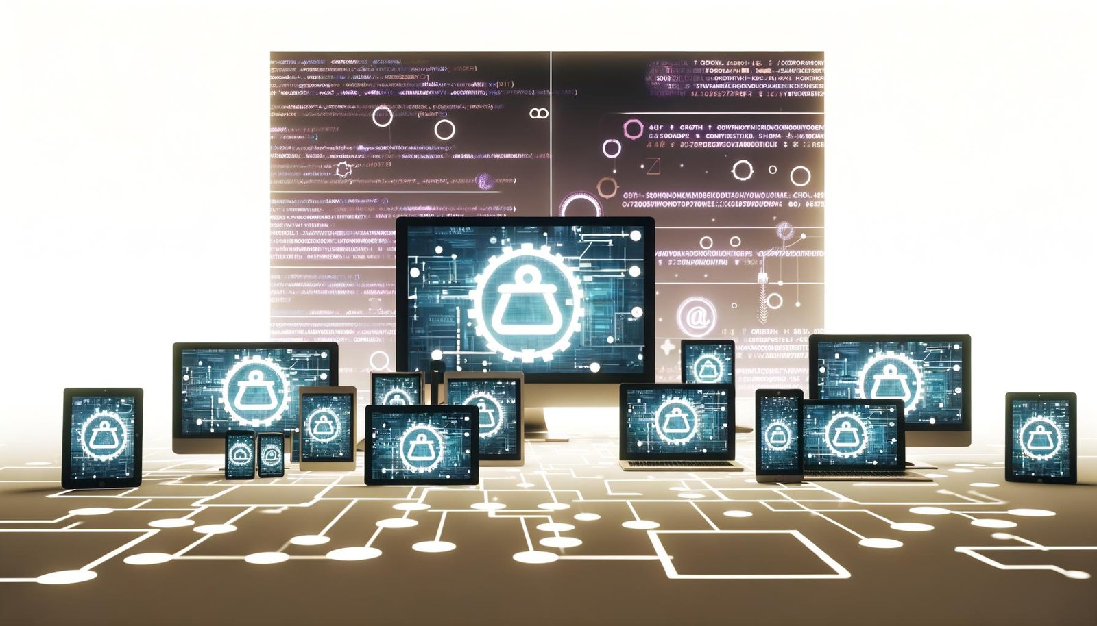 Modernes, stilisiertes Arbeitsumfeld mit digitalen Geräten, die PayPal, Automatisierungstools, Datenbanken und E-Mail-Clients anzeigen und effiziente Workflow-Prozesse veranschaulichen.