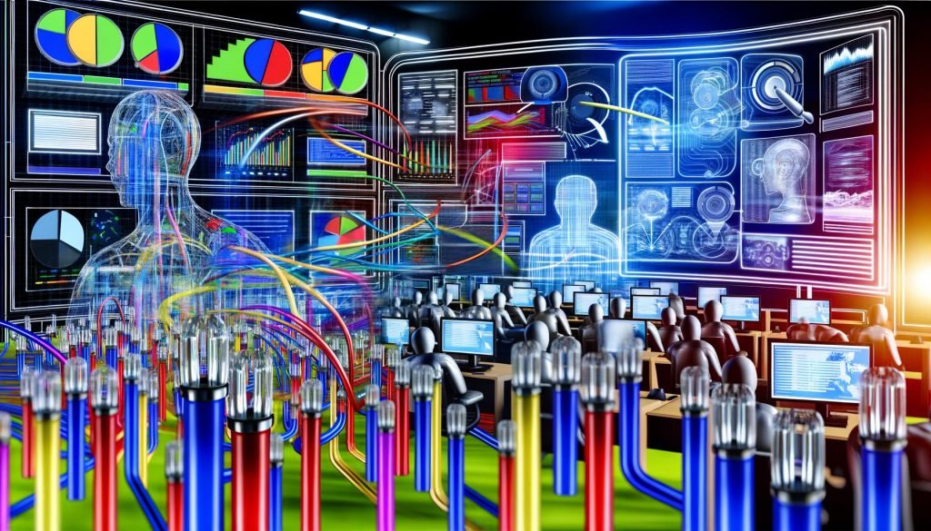 Illustration eines modernen Büros mit transparenten Datenröhren, digitalen Content-Elementen und Zusammenarbeit zwischen Menschen und KI vor Screens mit API-Requests und SEO-Diagrammen.