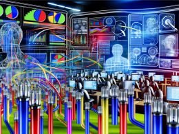 Illustration eines modernen Büros mit transparenten Datenröhren, digitalen Content-Elementen und Zusammenarbeit zwischen Menschen und KI vor Screens mit API-Requests und SEO-Diagrammen.