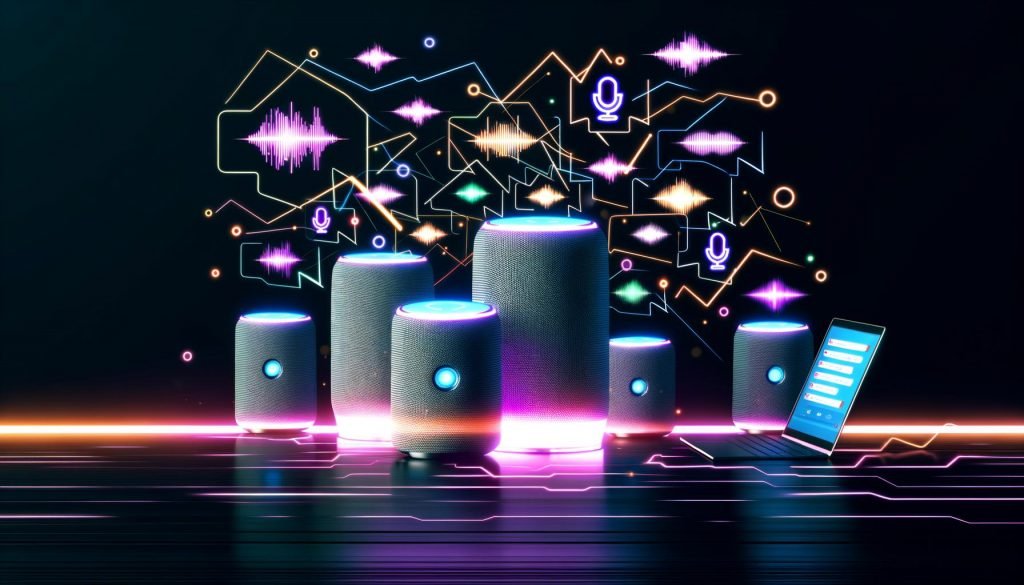 Smart Speaker wie Alexa, Google Assistant und Siri auf einem Tisch, umgeben von Sprachwellen, Keywords und einem Laptop mit Voice-Keyword-Tool in tech-inspirierter Umgebung