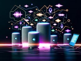 Smart Speaker wie Alexa, Google Assistant und Siri auf einem Tisch, umgeben von Sprachwellen, Keywords und einem Laptop mit Voice-Keyword-Tool in tech-inspirierter Umgebung