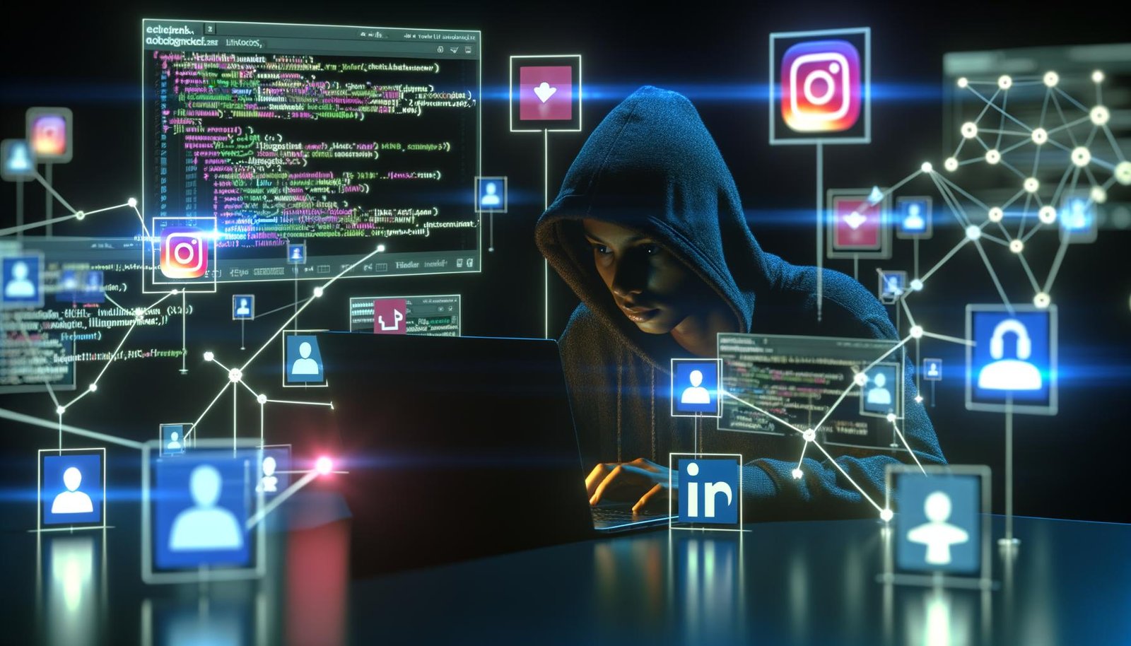 Futuristischer Arbeitsplatz bei Nacht mit Programmierer im Hoodie, mehreren Monitoren mit Code, Social-Media-Statistiken und leuchtenden Social-Media-Icons wie Instagram, LinkedIn und TikTok.