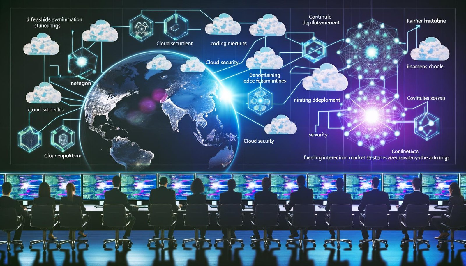 Futuristisch gestaltetes Command-Center mit Entwicklern vor leuchtenden Bildschirmen, holografischen Diagrammen und Netzwerken für Edge-Funktionen und Online-Marketing-Infrastruktur.